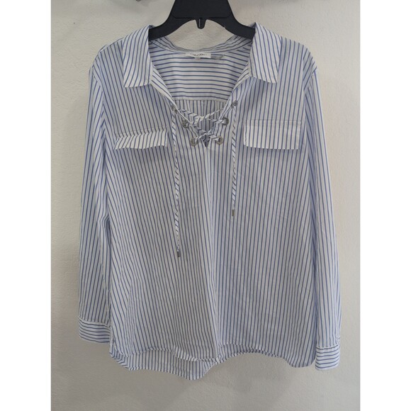 Calvin Klein Blue & White Striped Lace-Up V-Neck Long Sleeve Blouse XL - Picture 1 of 4